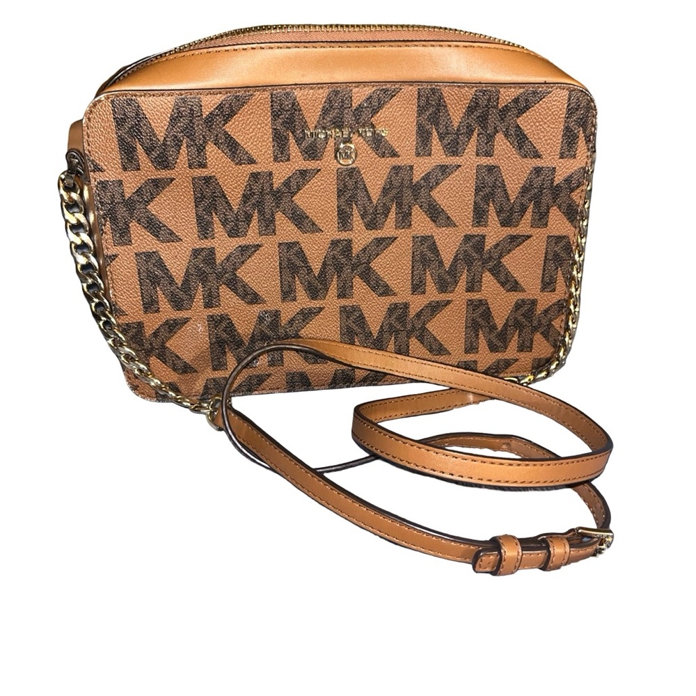 Michael Kors Tan and Brown Jet Set Logo Crossbody